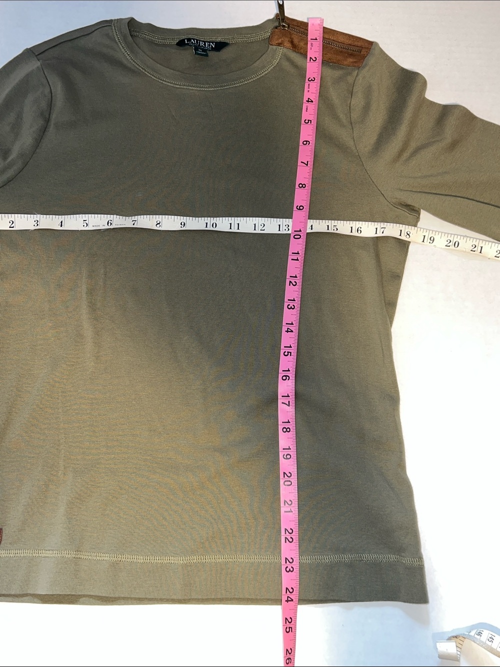 Ralph Lauren Olive Green Long-Sleeve Top with Brown Shoulder Tab size XL - Picture 10 of 12